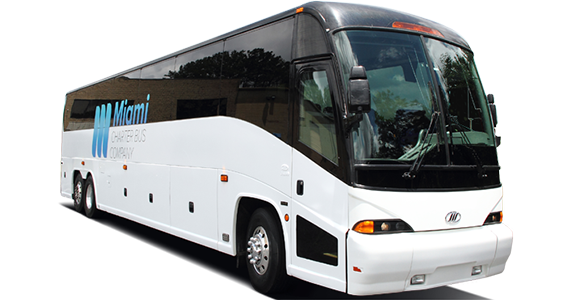 a plain white charter bus with a Miami charter bus company logo